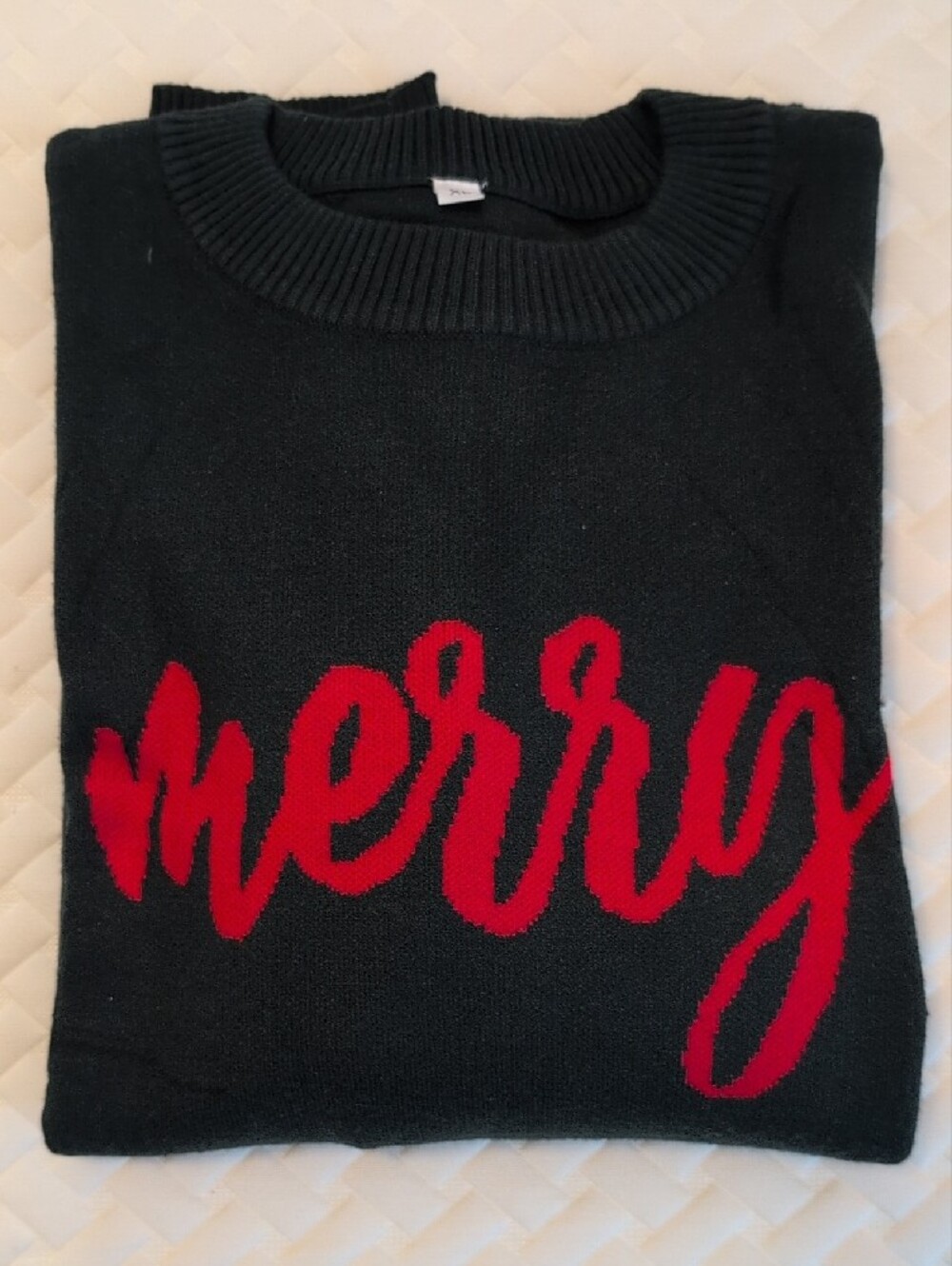 Christmas Sweater Merry Sequin Sleeve Mixed Media Crewneck Green and Red NWOT - Picture 13 of 14